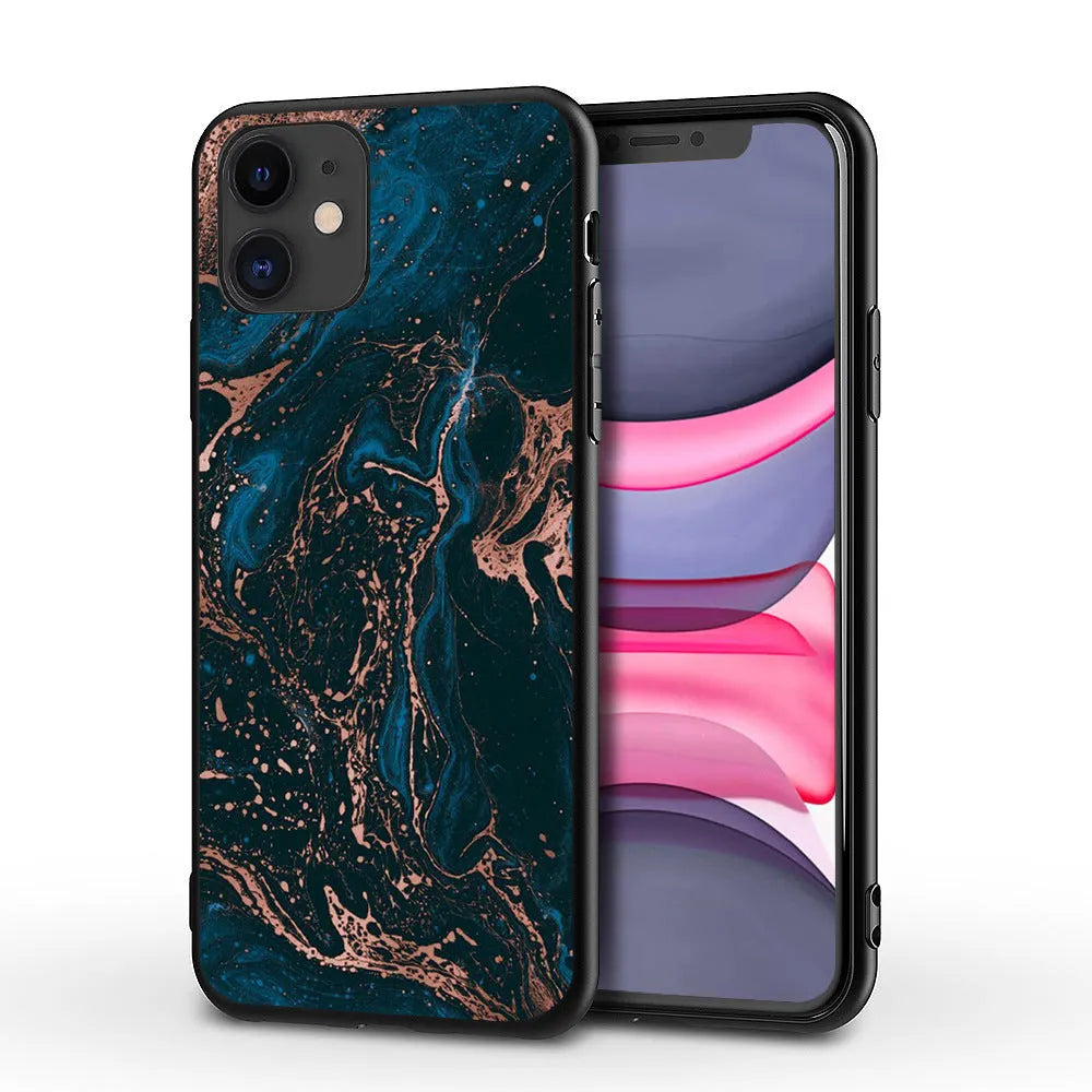 Marble pattern iPhone case with TPU and PC construction showing drop resistance and waterproof features