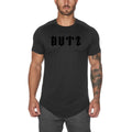 Men's plain and custom letter print gym shirt in cotton spandex blend for fitness.