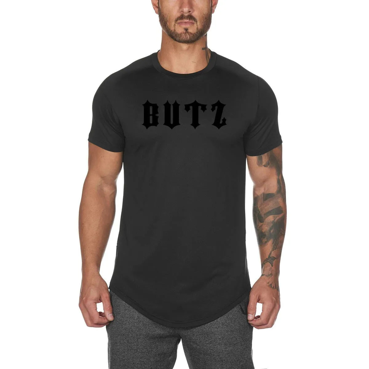 Men's plain and custom letter print gym shirt in cotton spandex blend for fitness.