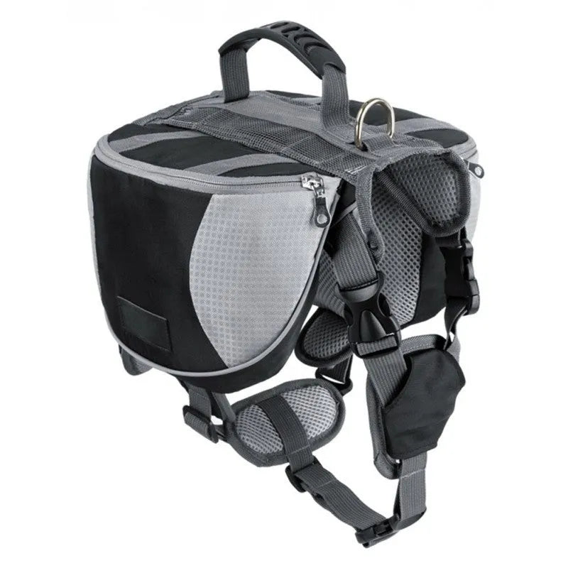Black dog hiking pack with reflective tape and adjustable neck straps on Siberian Husky outdoors