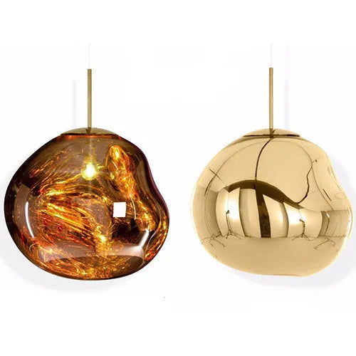 Nordic post-modern lava lamp chandelier with glass body and metallic finish in bedroom setting