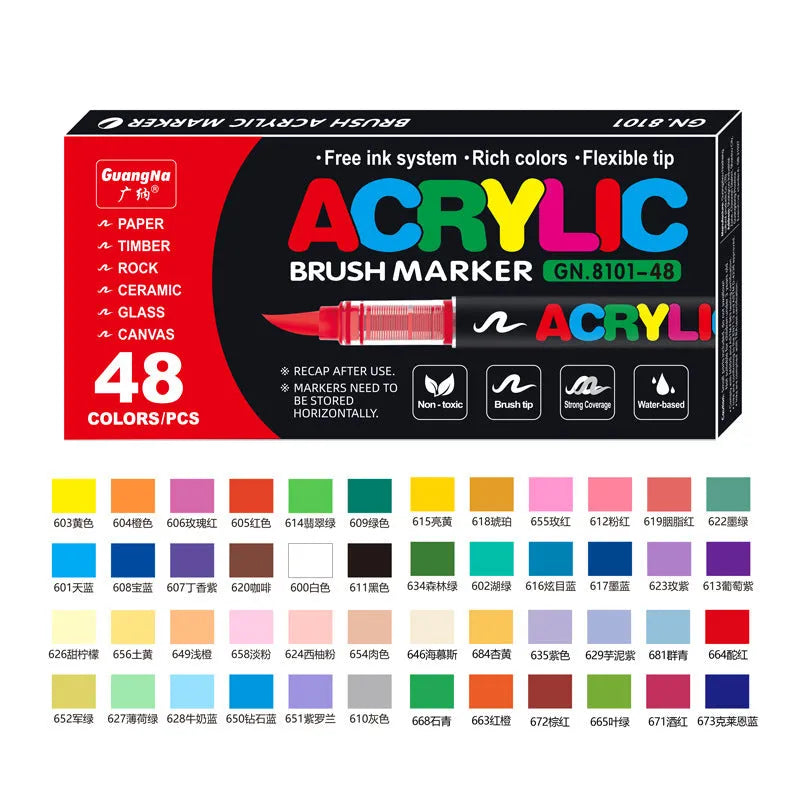 Set of straight liquid acrylic marker pens with soft head tips in various colours for art and graffiti