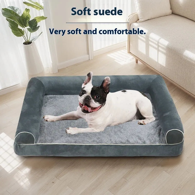 Rectangular sponge dog bed with breathable cloth cover in blue colour