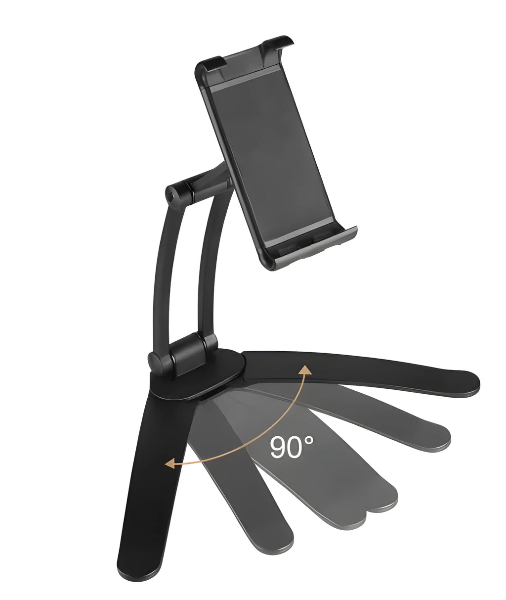 Silver aluminum desktop tablet stand with white ABS base, showing adjustable clip holding a tablet.
