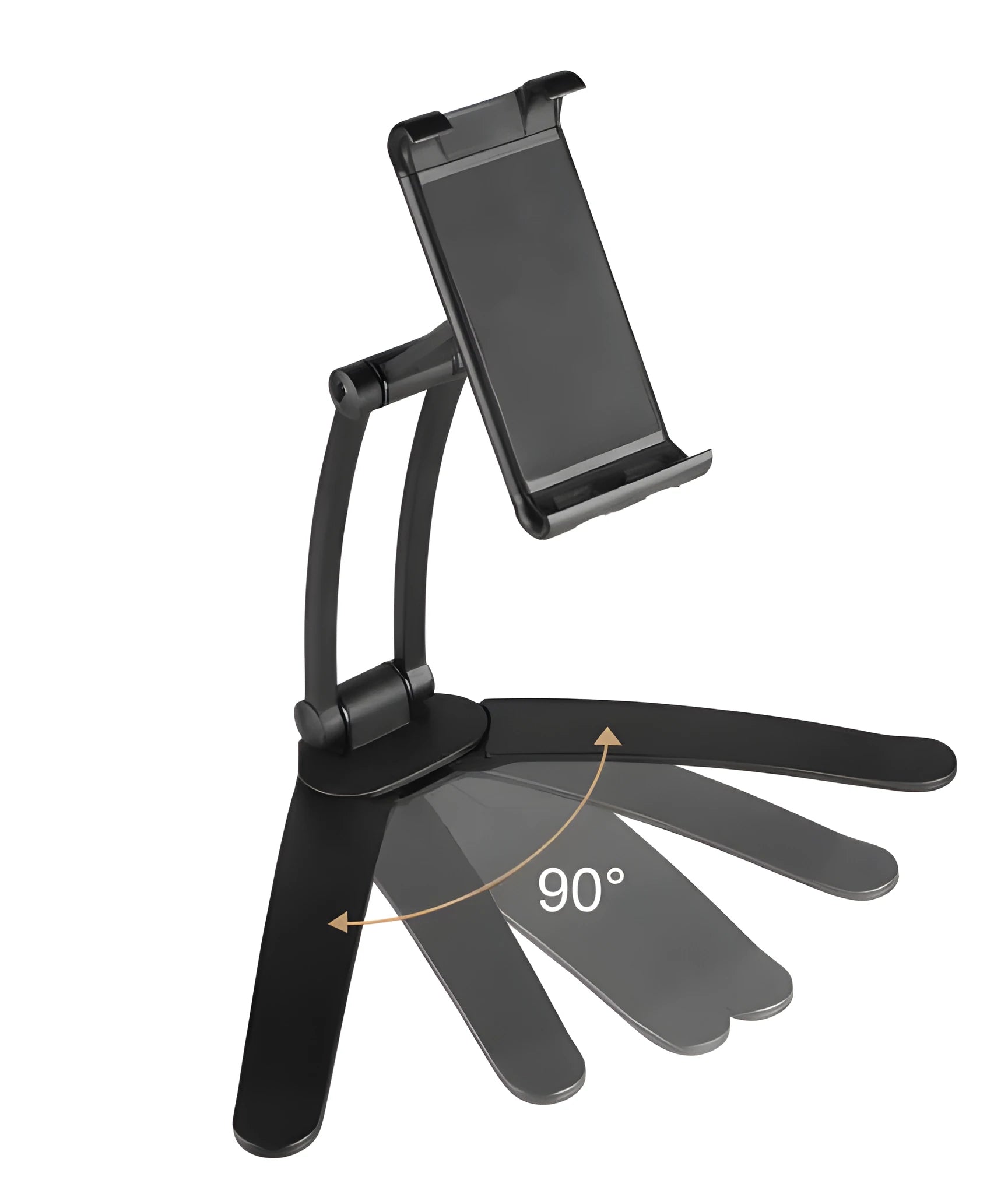 Silver aluminum desktop tablet stand with white ABS base, showing adjustable clip holding a tablet.