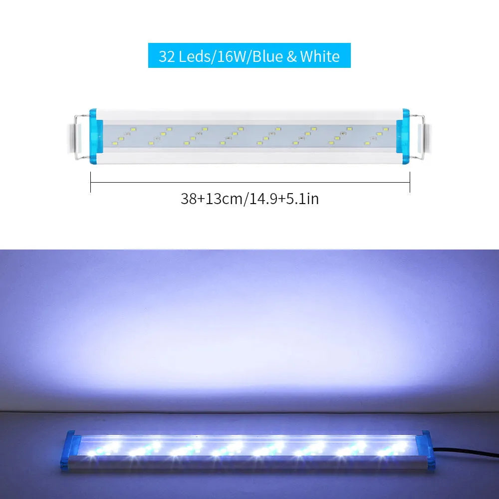 Ultra-thin LED aquarium light with blue and white illumination for fish tanks, available in sizes from 18cm to 58cm