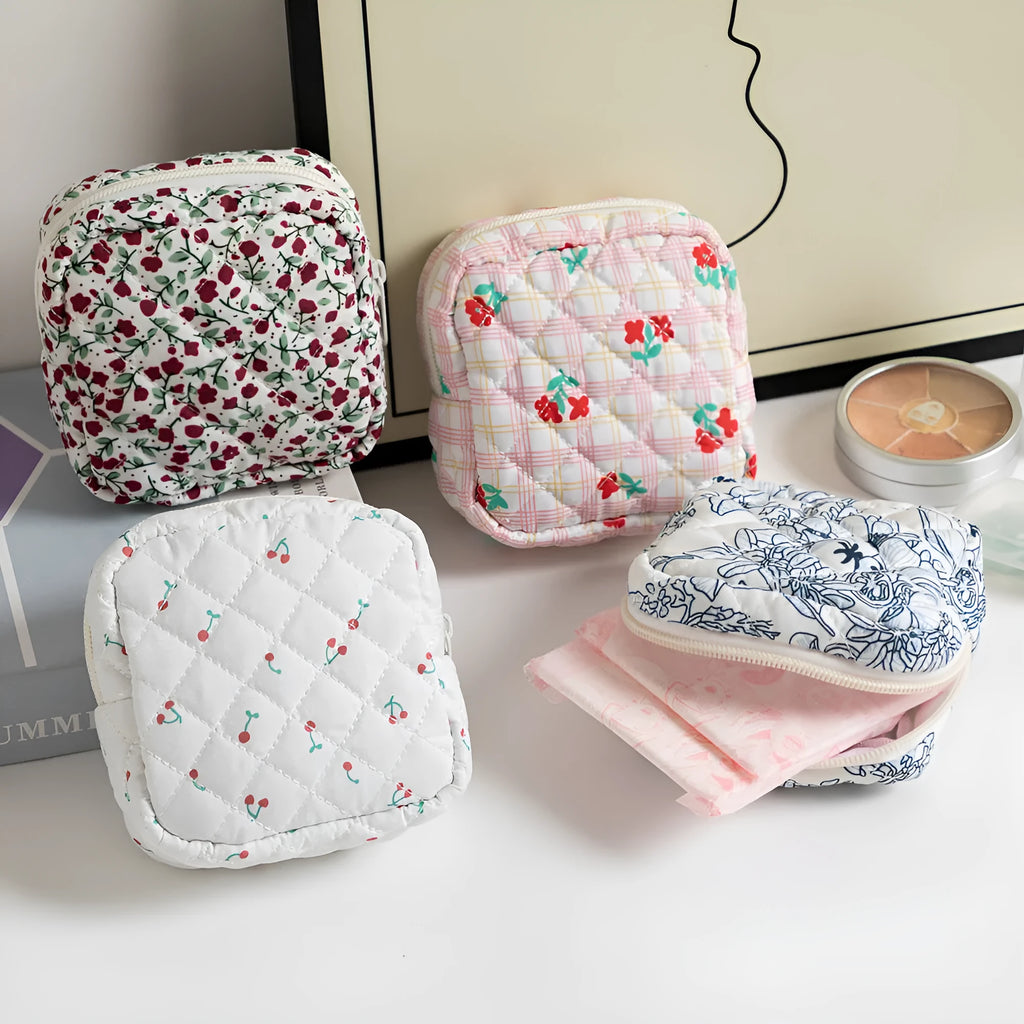 Yellow floral print polyester women's key storage bag with sewing thread details