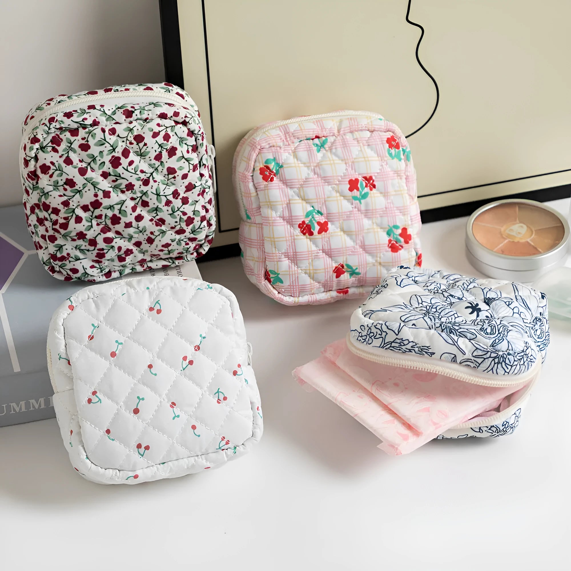 Yellow floral print polyester women's key storage bag with sewing thread details