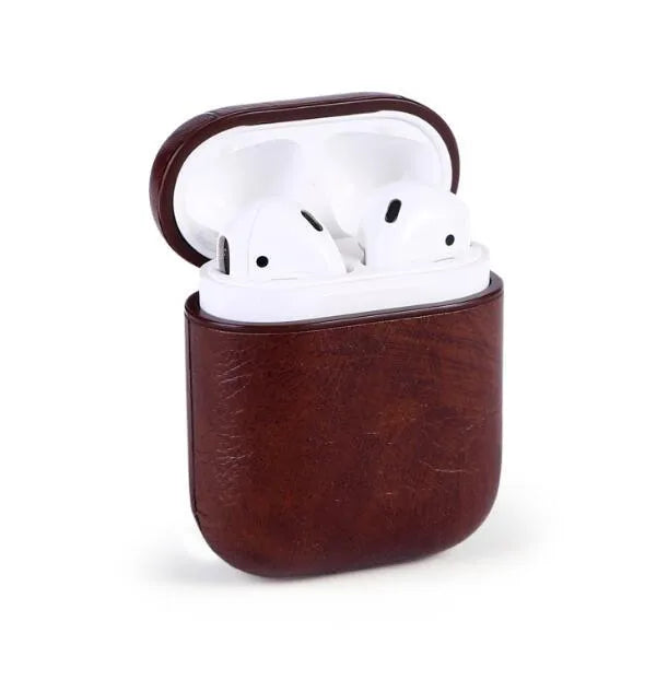 Genuine leather protective case for Apple Airpods in various colours showing charging port access.