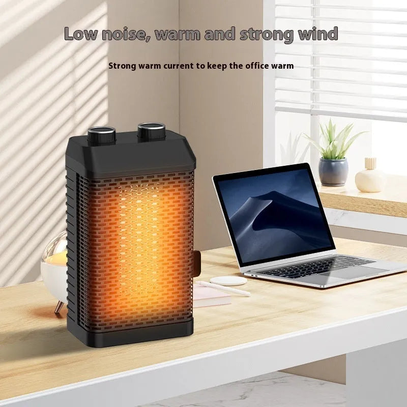 Black remote control desktop warm air blower heater showing compact size and control panel.