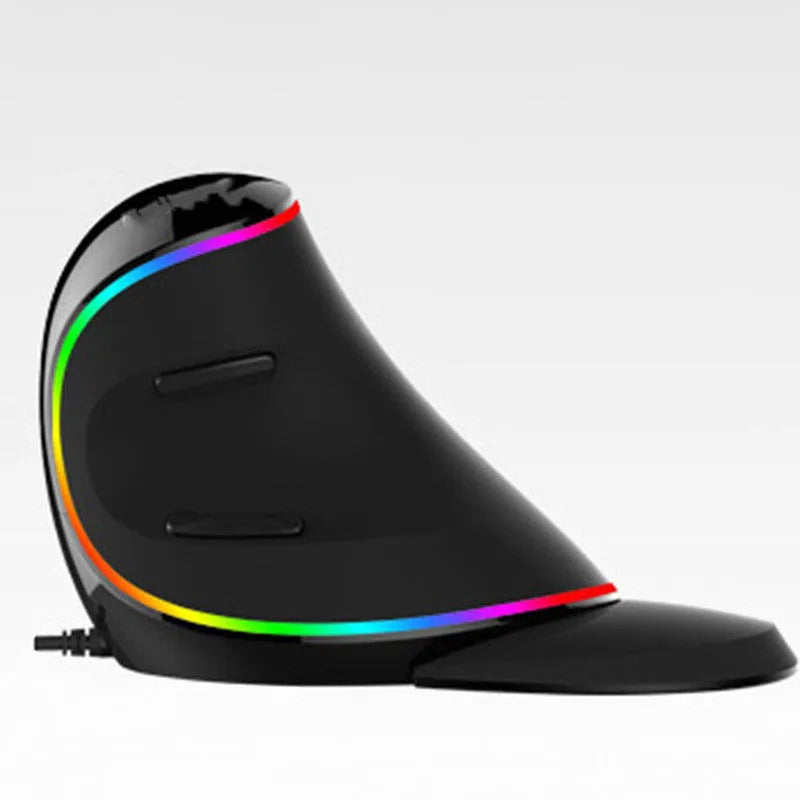 Vertical ergonomic wired computer mouse with RGB lighting, shown in three style variants.