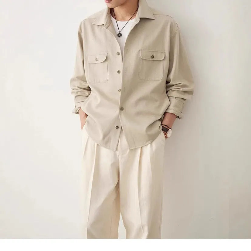 Men's long sleeve shirt with lapel collar in Light Sand Rice colour, simple profile.