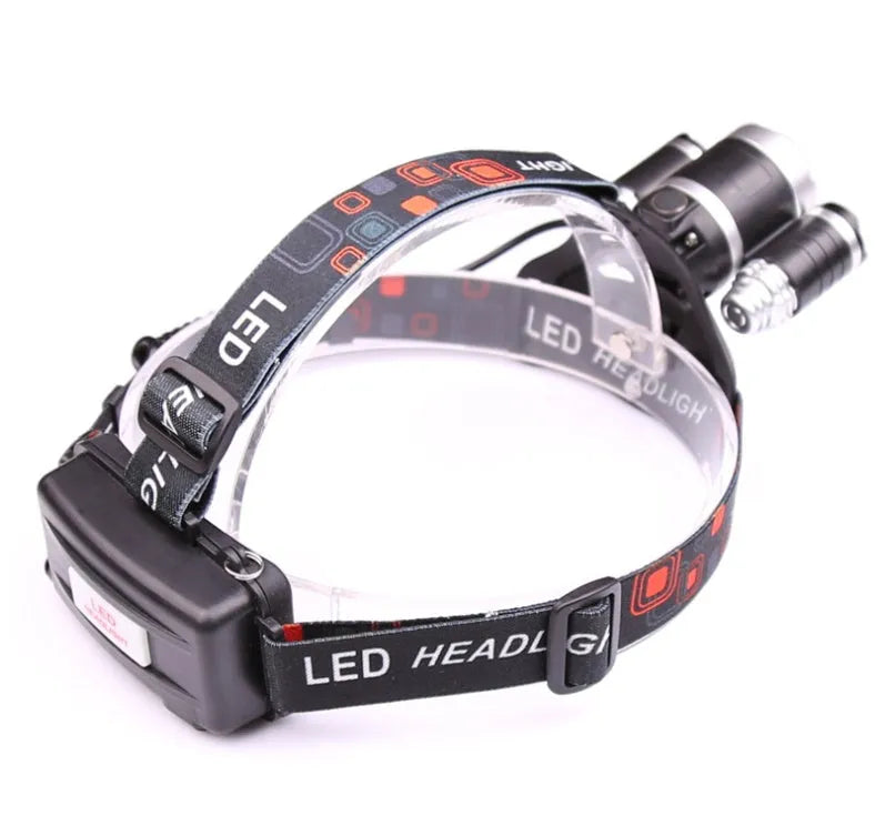 Gold LED head torch with 5 LEDs, zoomable beam, and aluminium housing on dark background