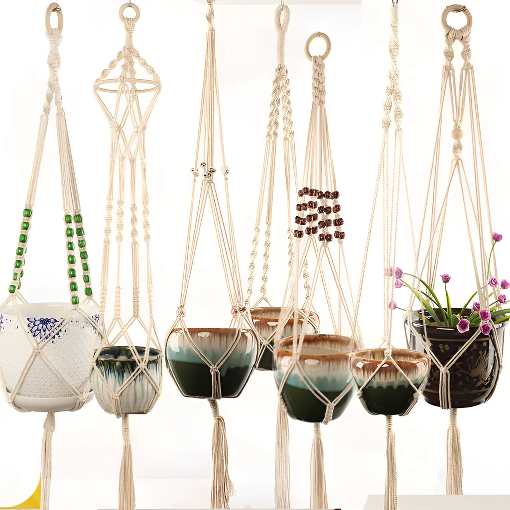 Woven natural cotton rope plant hanger showing desktop and wall hanging styles.