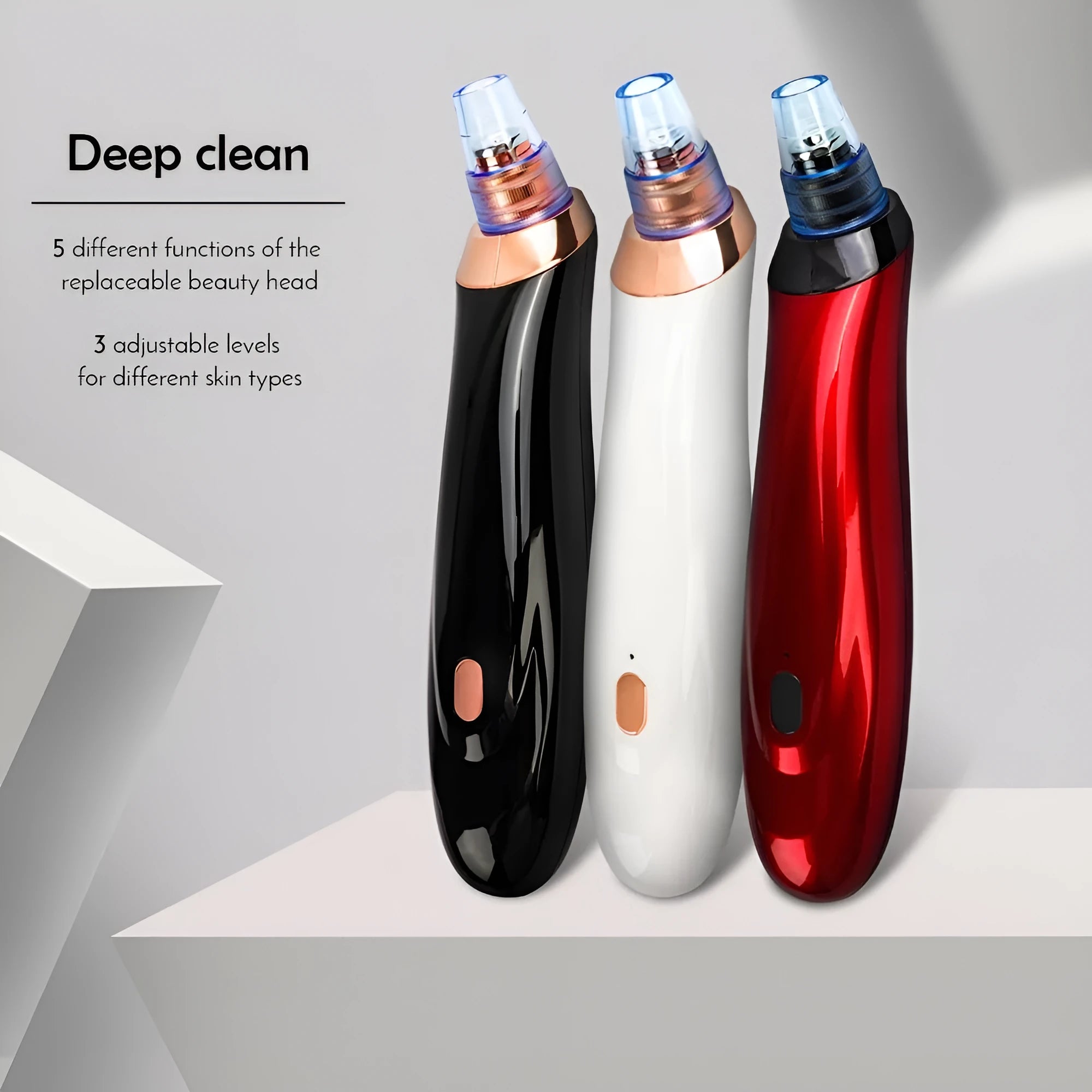 Electric blackhead extractor tool in black, gold, red, or white with interchangeable nozzles.