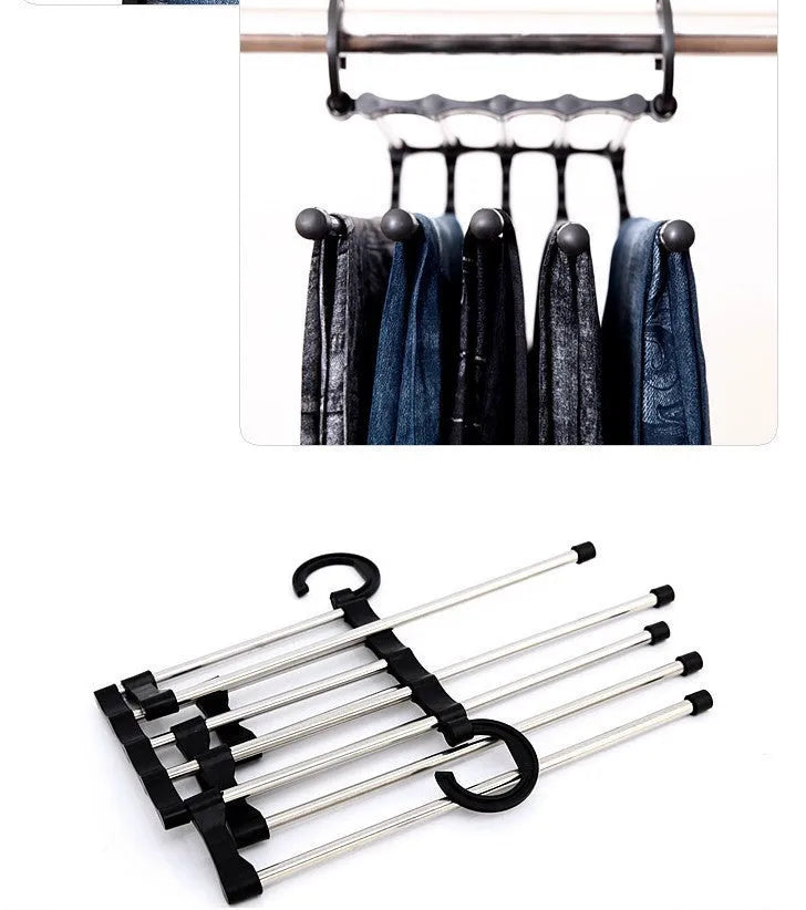 5 in 1 stainless steel pants hanger with five detachable booms and hooks on each rod end, black, 47x18cm