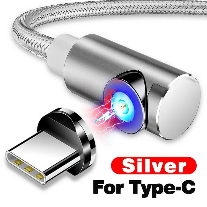 Black magnetic charging cable with L-shaped connector next to smartphone showing magnetic docking.