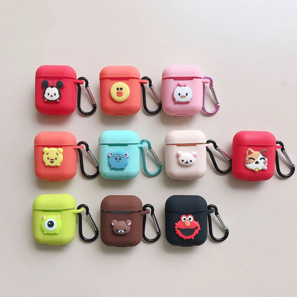 Silicone protective case for Bluetooth earphones with cartoon design and key-clasp hanging rope
