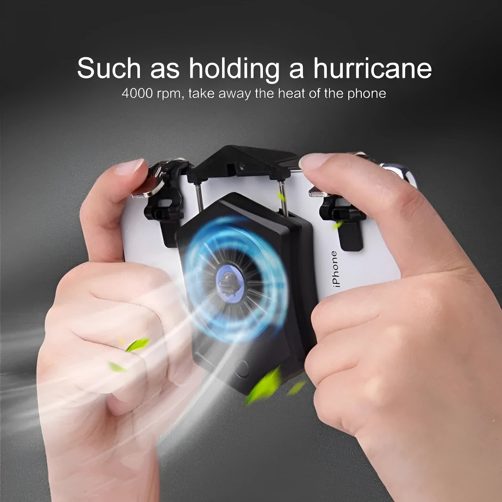 Black and white mobile phone radiator cooling fan clipped onto a smartphone.