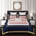 Four-piece cotton embroidery bedding set with reactive print in 200x230cm size, showcasing sateen weave and embroidered pattern