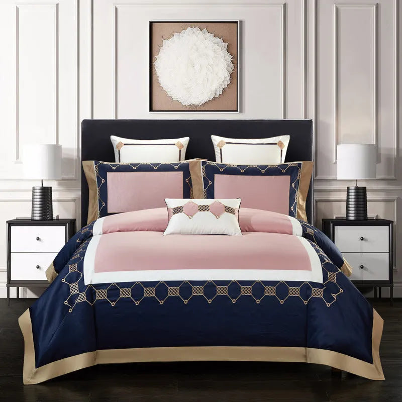 Four-piece cotton embroidery bedding set with reactive print in 200x230cm size, showcasing sateen weave and embroidered pattern