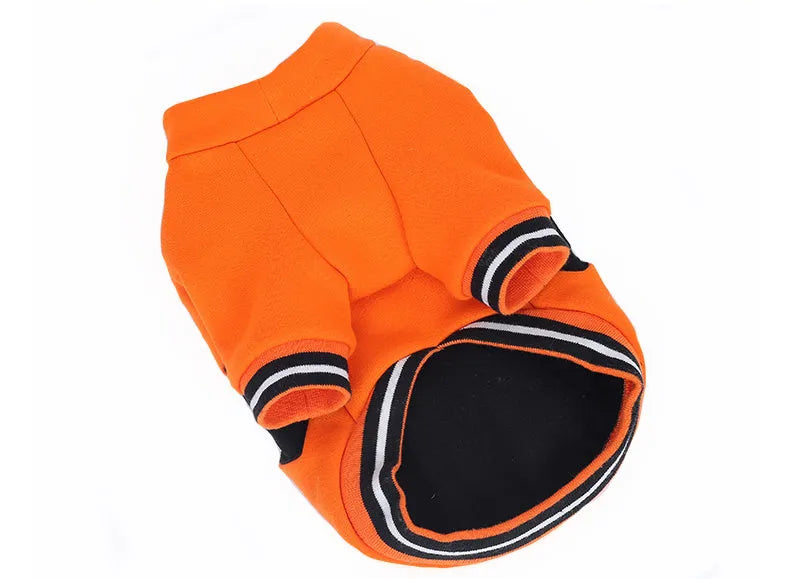Orange cloth Halloween pumpkin costume for dogs shown on a pet with collar and back measurements from XS to XXL
