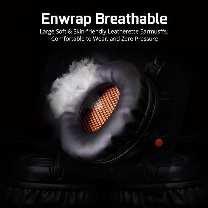 White USB gaming headset with LED lights and memory foam ear cushions on a black background.
