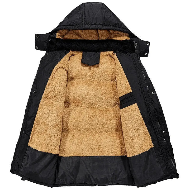 Black velvet padded men's winter jacket with double-breasted placket and hood