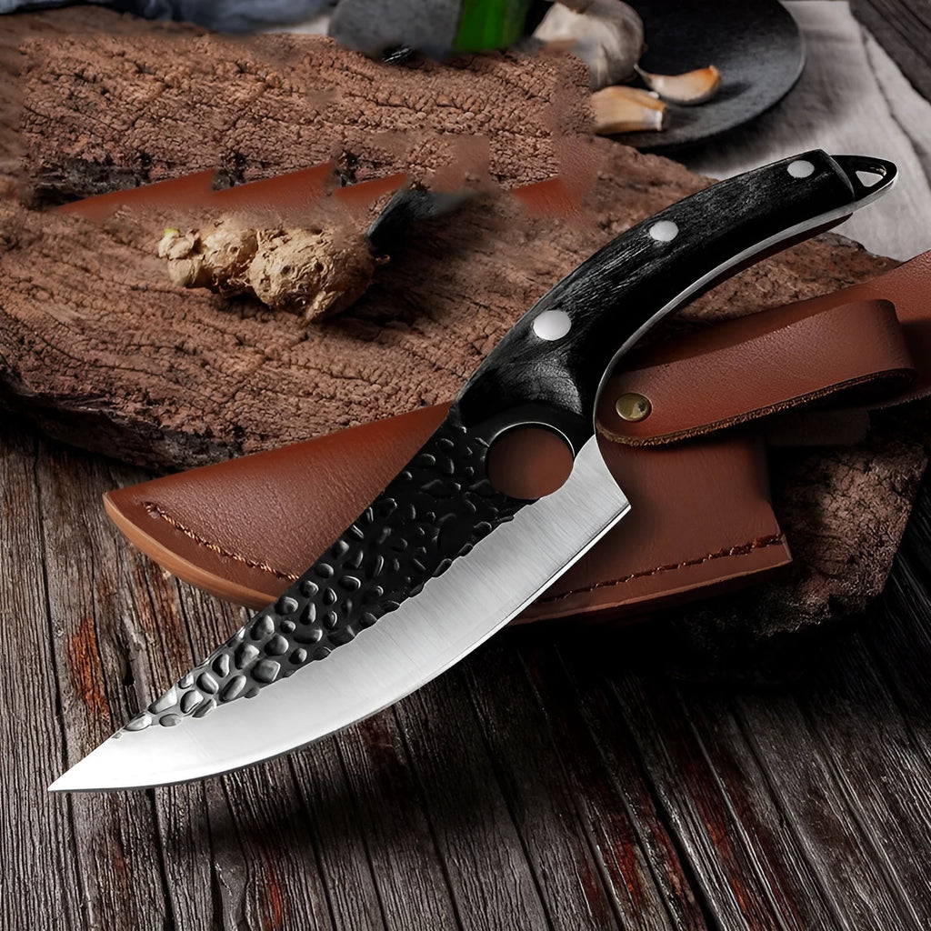 Slaughter cutting meat boning small scimitar knife with 5CrMoV15 high carbon steel hammer pattern blade and black handle, leather cover