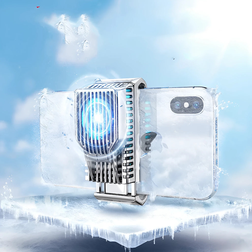 Black mobile phone radiator with clip, aluminium alloy body, attached to a smartphone for cooling.