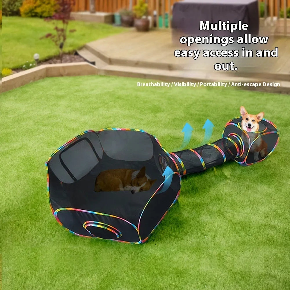 Foldable mesh cat roll cage in hexagonal style, showing breathable fabric and enclosed structure.