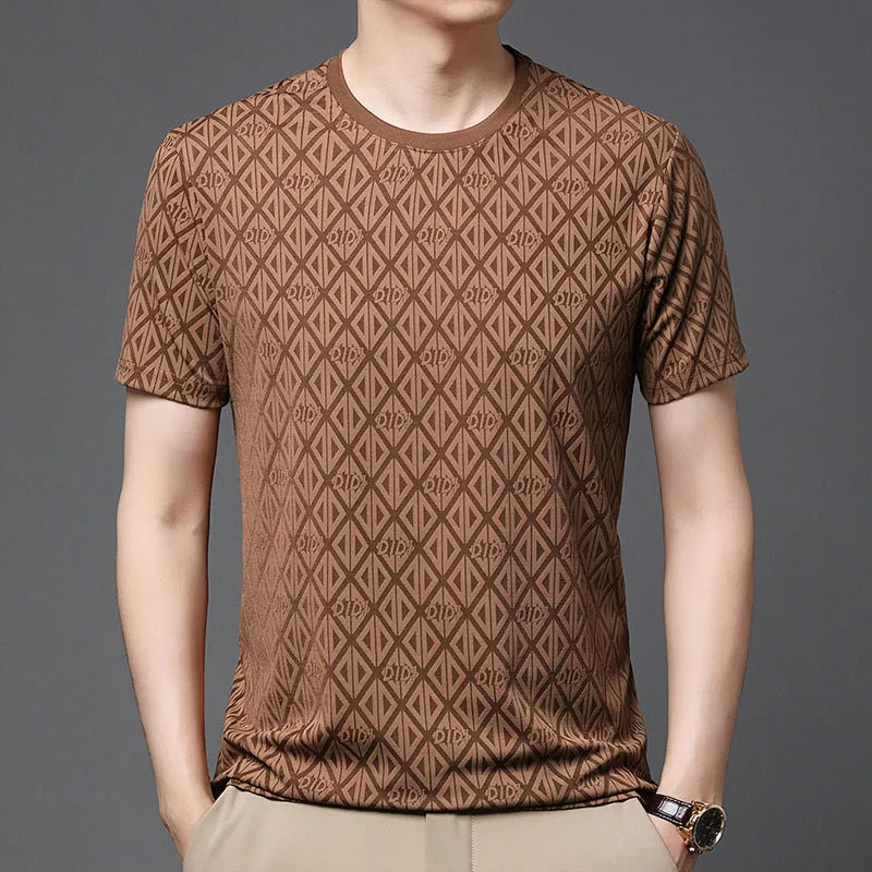 Men's black ice silk short sleeve t-shirt with round neck and loose fit casual design