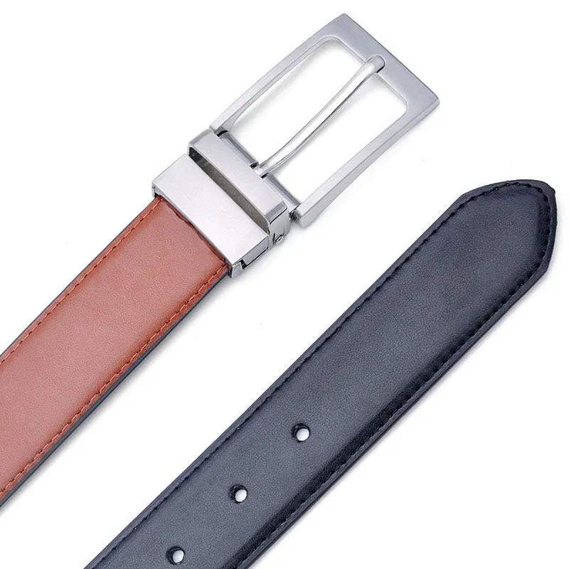 Men's brown and black leather belt with rotating pin buckle fastening mechanism showing length adjustment