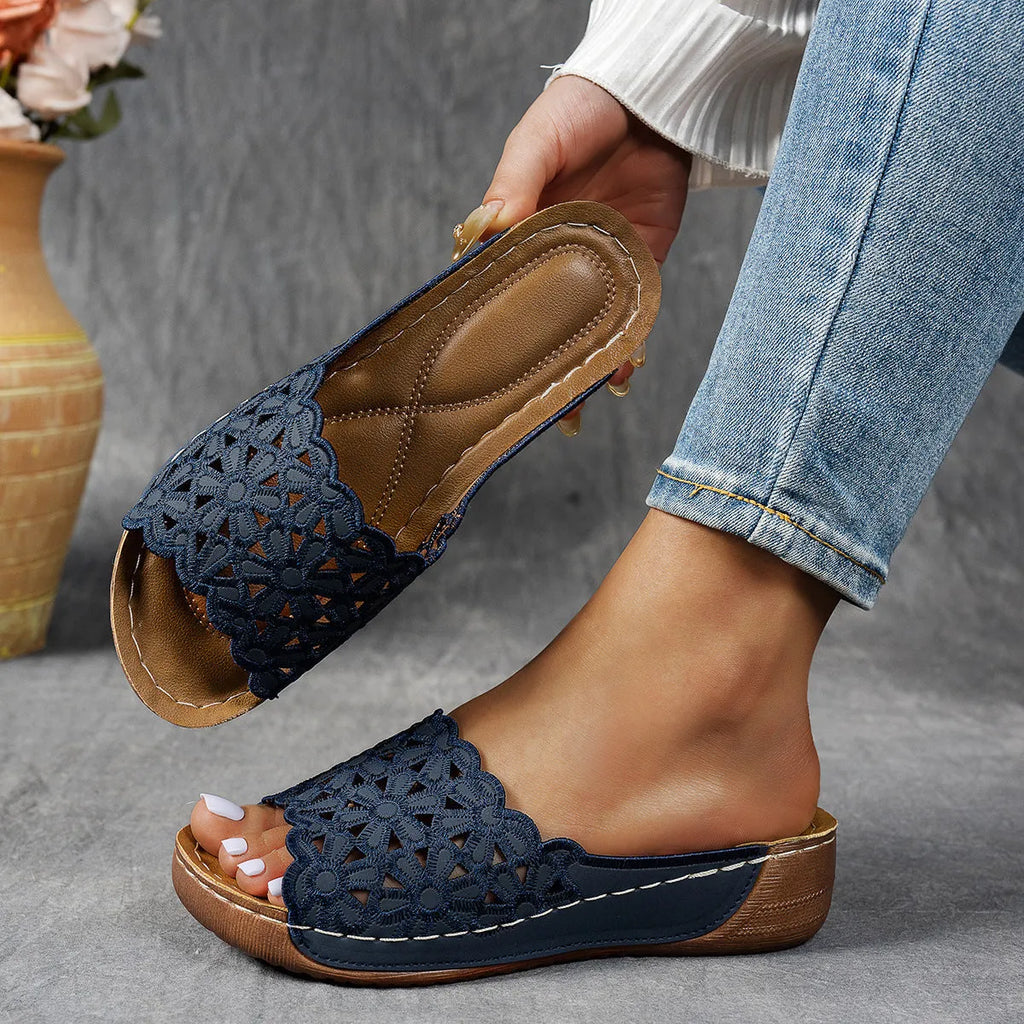 Women's flower cutout wedge beach slippers with PVC upper, fish-mouth toe, available in black, khaki, blue, light brown, sizes 36-43