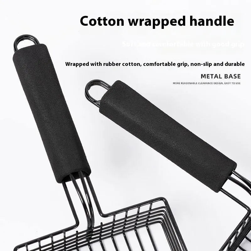 Black metal cat litter scoop with narrow tines for sifting waste from litter.