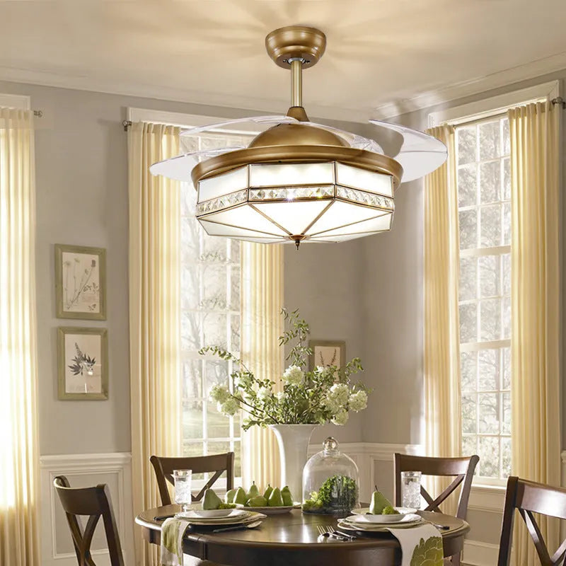 Gold 42-inch ceiling fan light with invisible PC blades and remote control