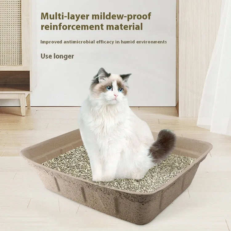 Brown disposable waterproof cat litter box showing three size options for small to medium cats