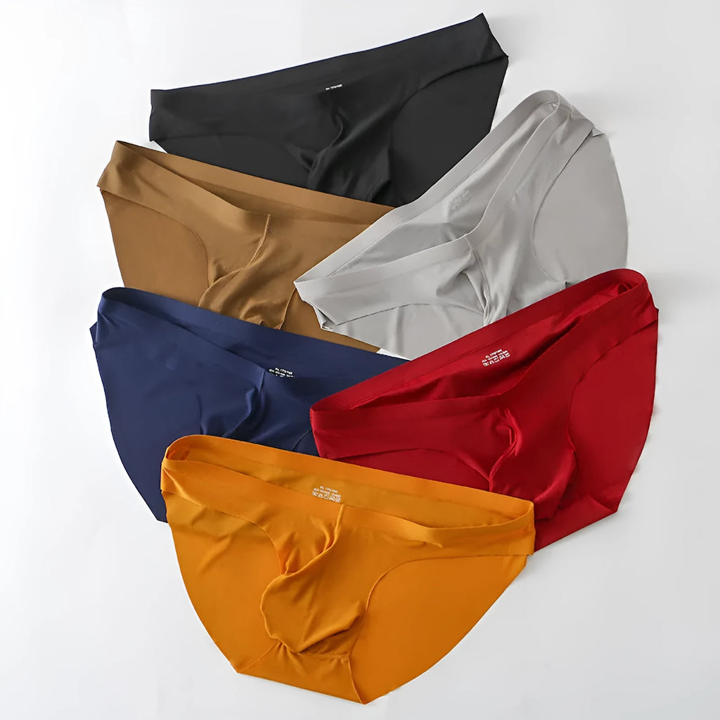Men's seamless ice silk briefs with supportive pouch design in multiple colour options