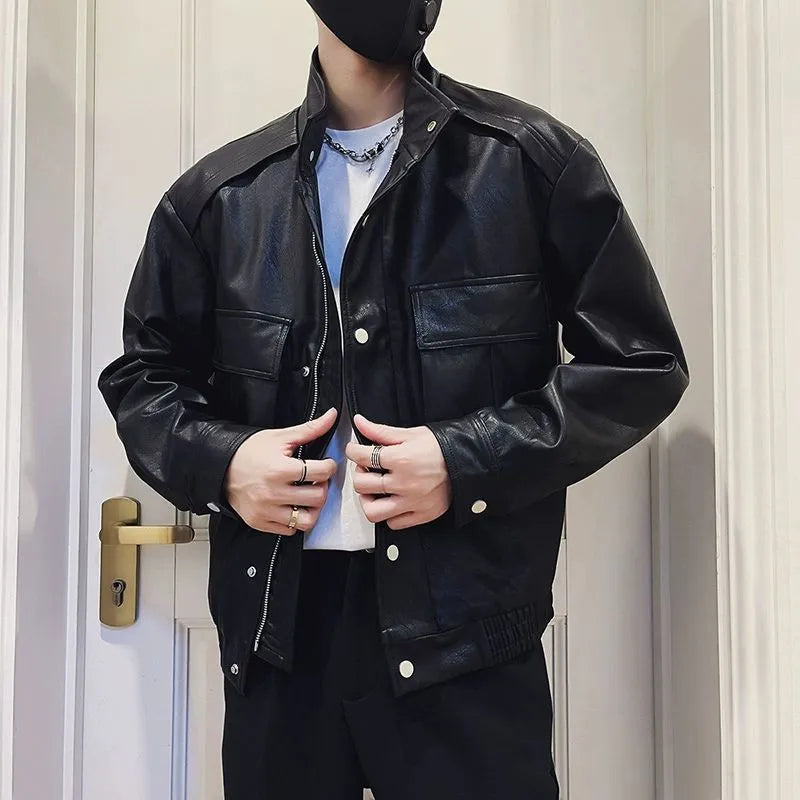Men's black Korean style pilot leather jacket with straight hem and side pockets