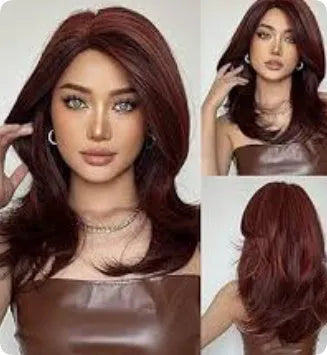 Mid-length curly synthetic wig with gradient colour and long bangs