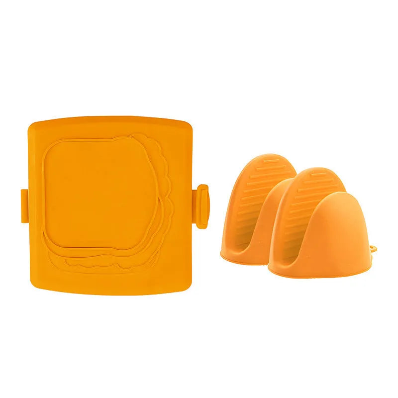 Red silicone baking tray with anti-scald protection and included gloves