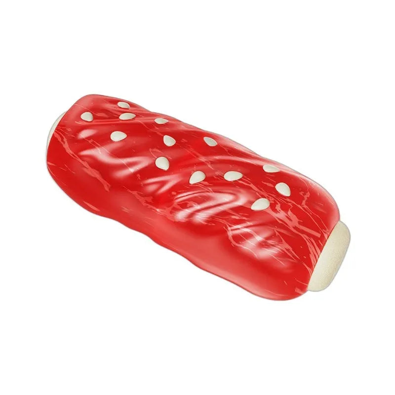 Primary colour plastic dog dental chew toy with molar rod shape and textured cleaning surfaces