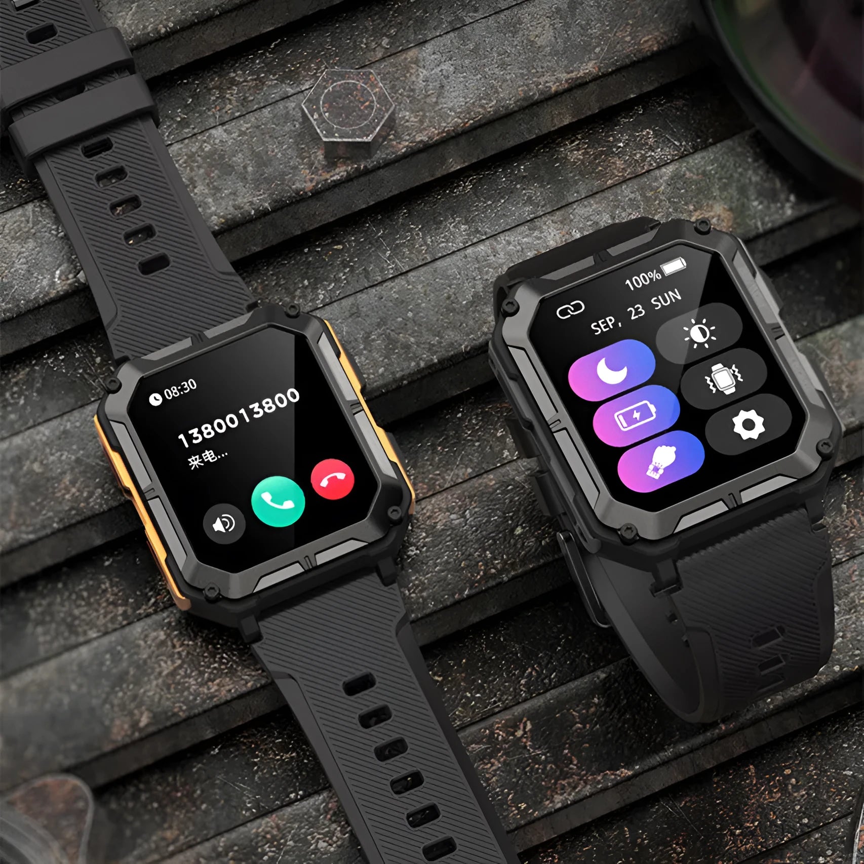 Square aluminium alloy smart watch with black silicone strap on wrist, showing touch and key interface, for Bluetooth call outdoor use