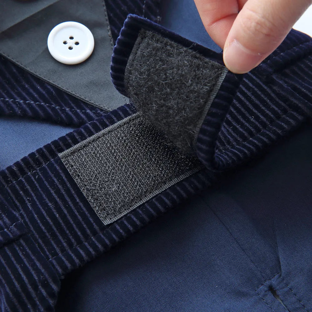 Dog wearing polyester tuxedo dress shirt in plain pattern, available in multiple sizes and colours