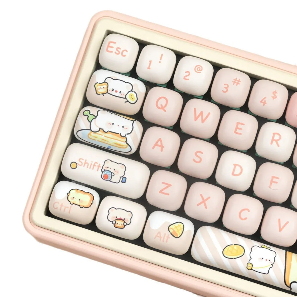 MOG Steamed Bread PBT key cap full set showing bread bear character designs on mechanical keyboard keys