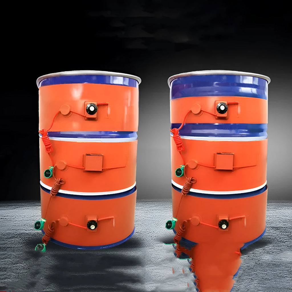Silicone rubber heating belt wrapped around a 200-litre oil drum with digital control display.