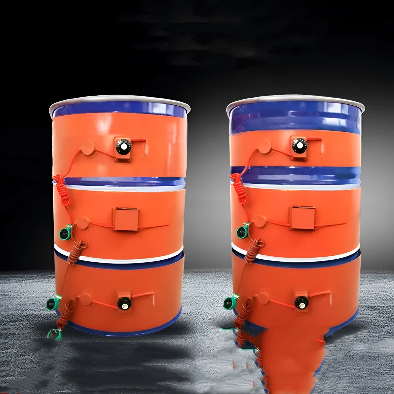 Silicone rubber heating belt wrapped around a 200-litre oil drum with digital control display.