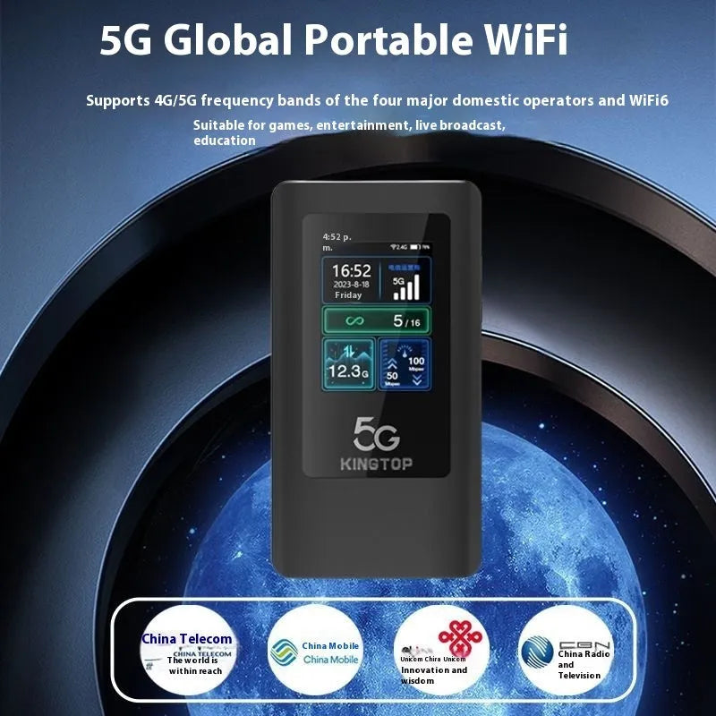 Black 5G portable Wi-Fi router with LCD screen, showing dimensions 125mm x 70mm x 17mm