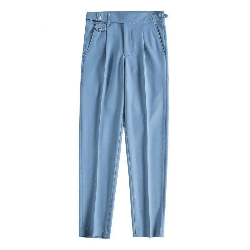 Men's straight leg casual trousers in solid colours on a size chart showing waist measurements 29 to 36.