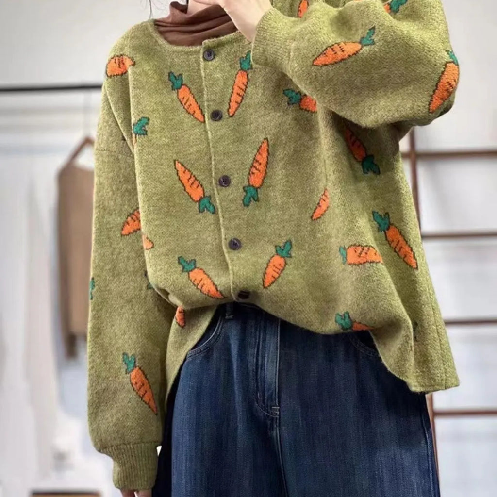 Round neck loose cardigan sweater with Mori artistic printing and colour contrast design